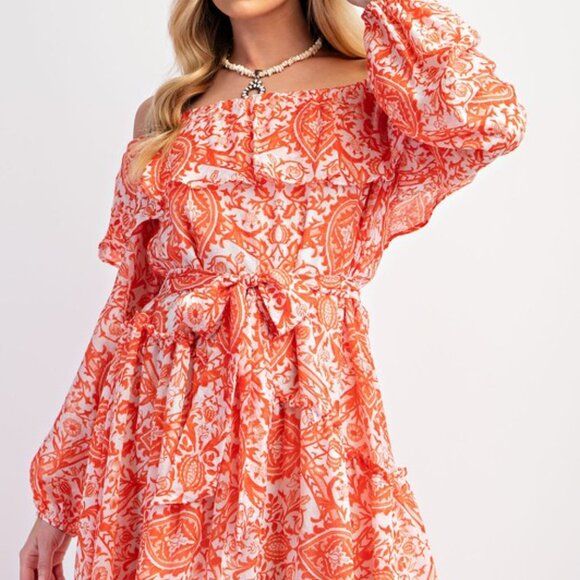 Easel Sunset Orange Printed Off-Shoulder Maxi Dress NWT L - Picture 7 of 10